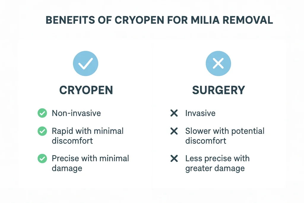 Benefits of cryopen for milia removal Reigate compared to surgical treatments.