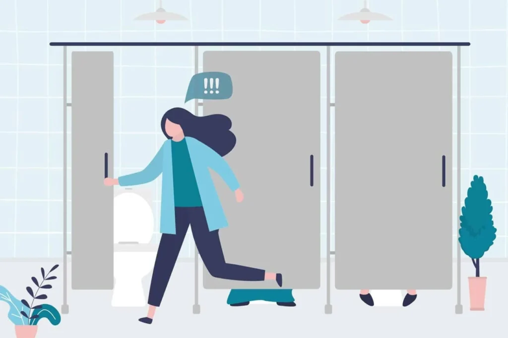 graphic of Urine incontinence Reigate woman running to the toilet.