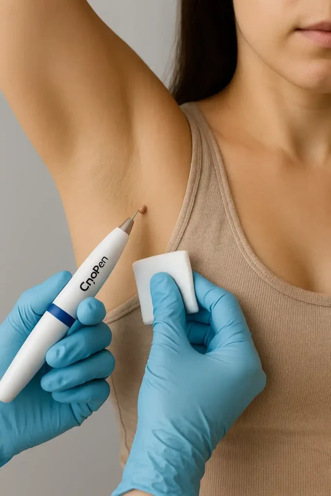 woman having cryopen to remove underarm skin tags Reigate
