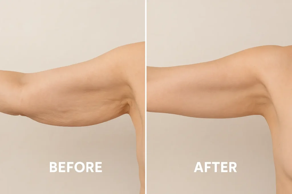 Picture of LA LIPO Reigate before and after results of skin tightening treatment on the upper arms.