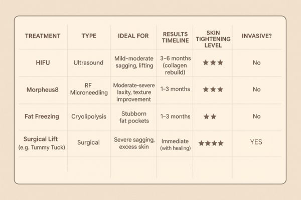 Table showing the comparisons of Skin tightening Reigate treatment options.